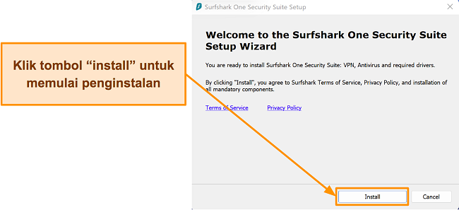 Cuplikan layar proses pemasangan Surfshark menggunakan wisaya penyiapan