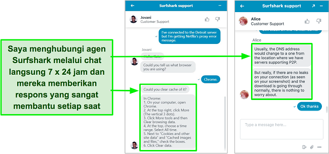 Cuplikan layar fitur obrolan langsung 24/7 Surfshark dengan saran pemecahan masalah tentang Netflix US dan torrent