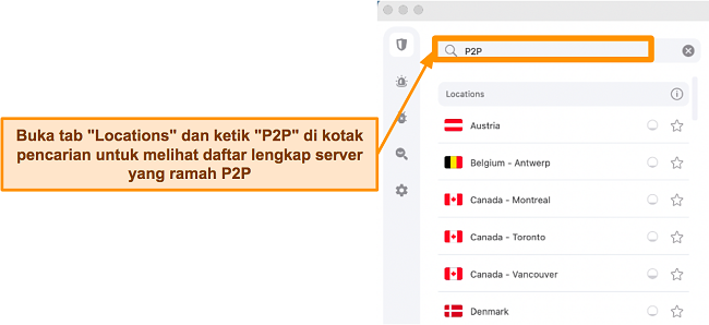 Cuplikan layar server P2P Surfshark di aplikasi Mac