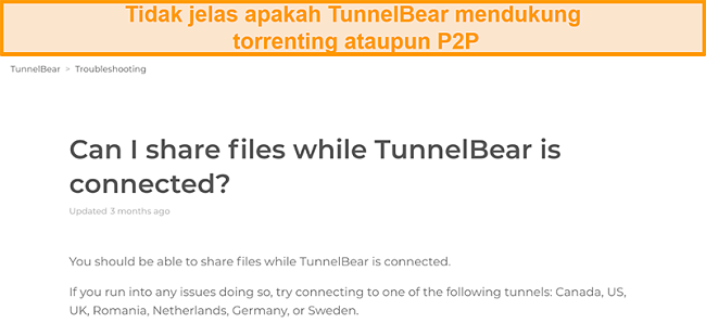 Tangkapan layar laman pemecahan masalah TunnelBear tentang berbagi file