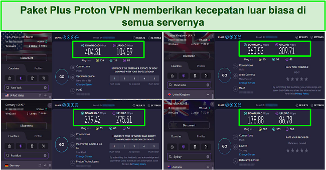 Cuplikan layar tes kecepatan Proton VPN menunjukkan server di AS, Inggris, Jerman, dan Australia