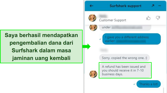 Tangkapan layar obrolan langsung Surfshark dan permintaan pengembalian dana