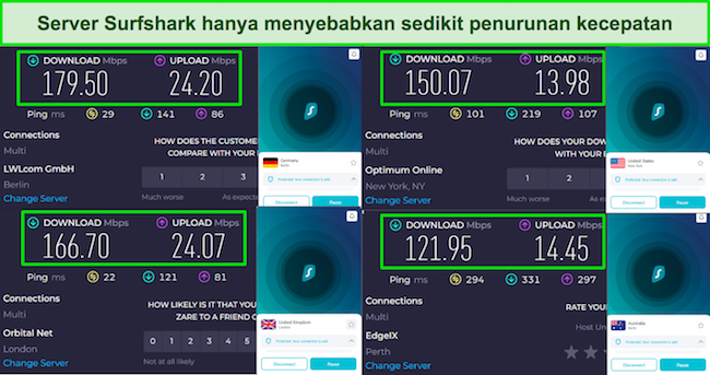 Tangkapan layar hasil tes kecepatan dengan Surfshark yang terhubung ke server di Inggris, AS, Jerman, dan Australia