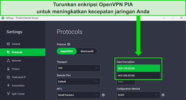 Gambar aplikasi Windows PIA, menampilkan fitur yang dapat disesuaikan dan dapat memberikan peningkatan kecepatan jaringan