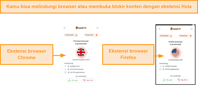 Tangkapan layar ekstensi peramban Chrome dan Firefox dari Hola VPN