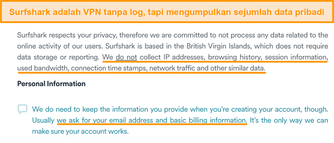 Tangkapan layar dari kebijakan privasi Surfshark