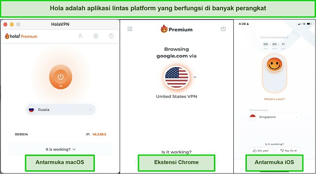 Cuplikan layar antarmuka Hola VPN pada perangkat yang kompatibel