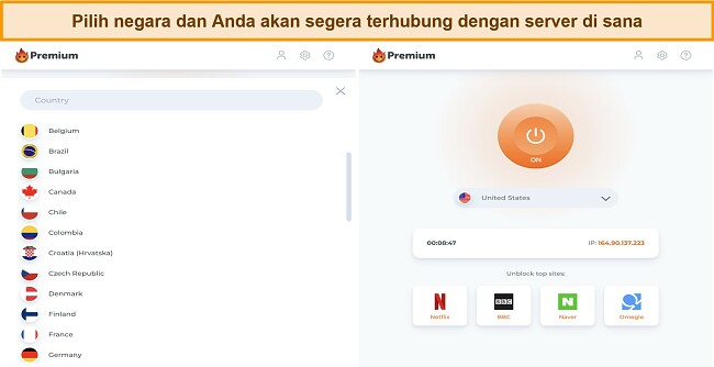 Cuplikan layar antarmuka server aplikasi Windows dan layar koneksi untuk Hola