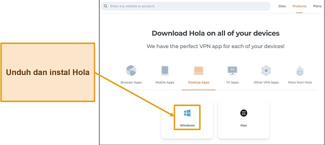 Tangkapan layar bagian pengunduhan aplikasi situs web Hola VPN