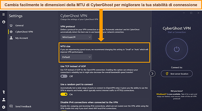 Screenshot dell'app Windows di CyberGhost con la dimensione MTU in Impostazioni evidenziata.