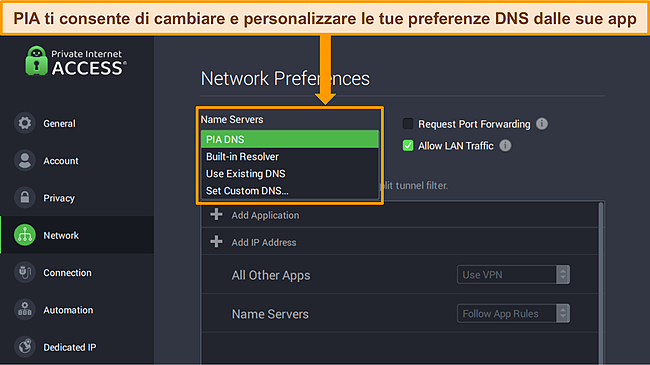 Screenshot dell'app Windows di PIA con il menu Preferenze di rete aperto e le opzioni del server DNS evidenziate.