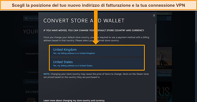Screenshot del menu "Converti negozio e portafoglio" di Steam con le opzioni di posizione evidenziate.