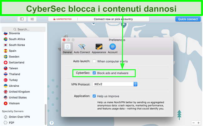 Screenshot che mostra la funzione di blocco degli annunci CyberSec e del malware di NordVPN attiva