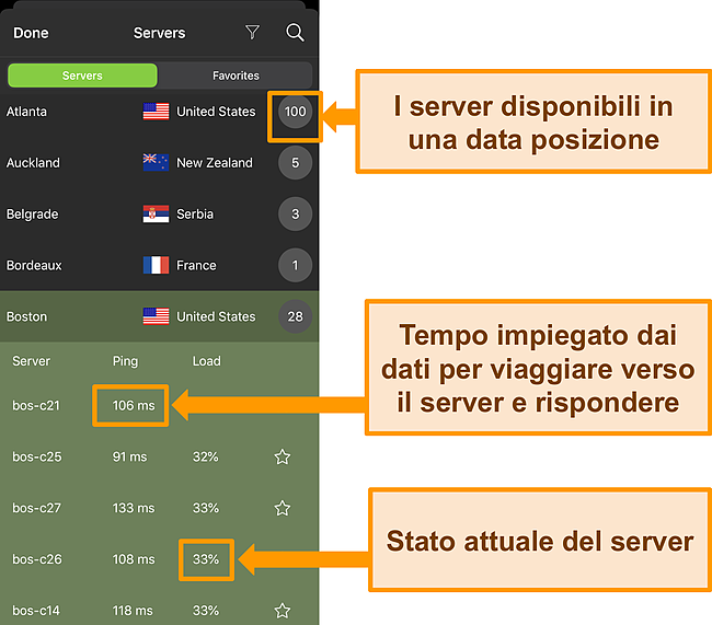 Screenshot dell'app IPVanish per iOS con le informazioni sul server evidenziate.