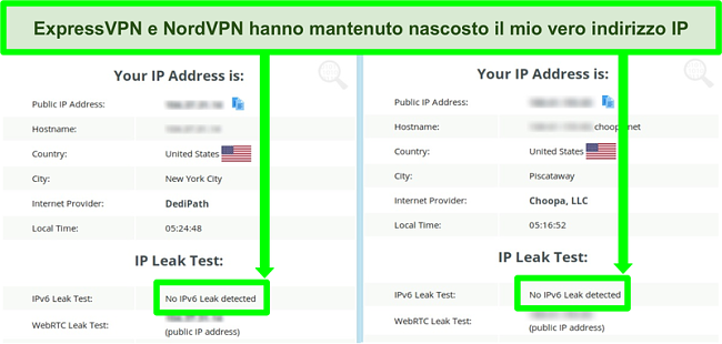 Screenshot che non mostra alcuna perdita IPv6 rilevata sia per NordVPN che per ExpressVPN