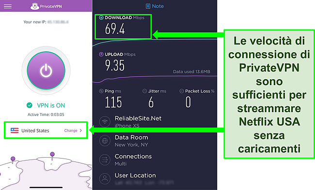 Screenshot di PrivateVPN connesso a un server statunitense, più il risultato di un test di velocità di Ookla.