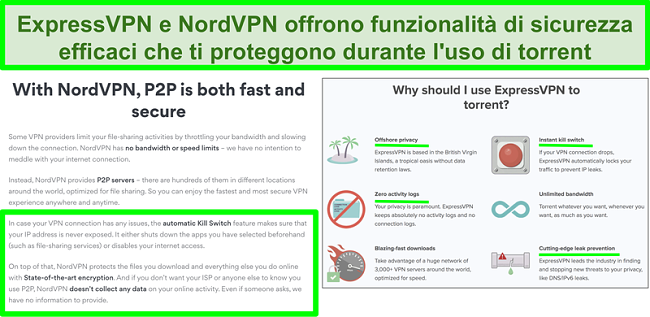 Screenshot dei siti web di NordVPN ed ExpressVPN che mostrano che supportano il torrenting