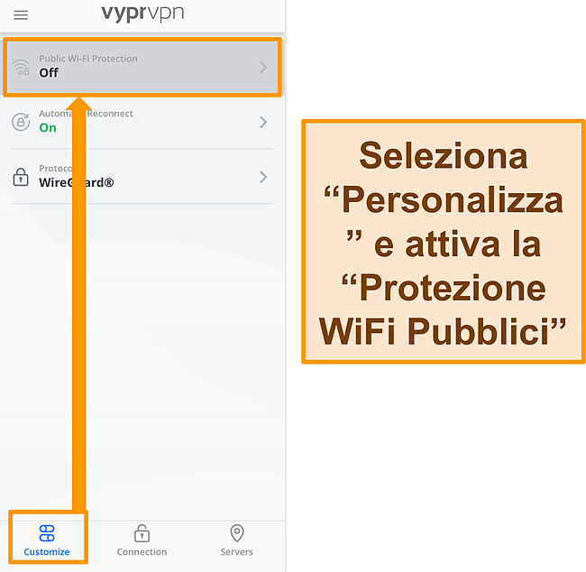 Screenshot dell'impostazione Protezione WiFi pubblico di VyprVPN.
