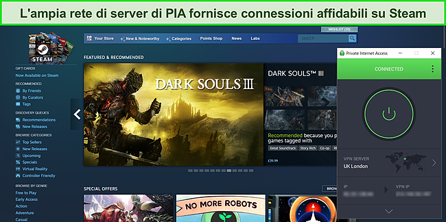 Screenshot di PIA connesso a un server del Regno Unito con dashboard di Steam chiaramente accessibile.