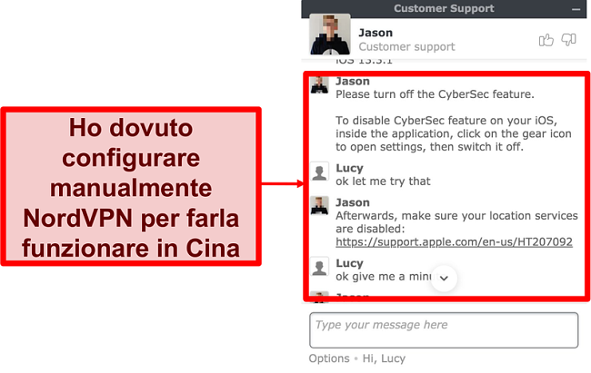 Screenshot della chat con NordVPN che chiede consigli su come far funzionare l'app in Cina