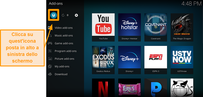 screenshot di come installare l'addon ufficiale di Kodi, passaggio tre, fare clic sull'icona della casella