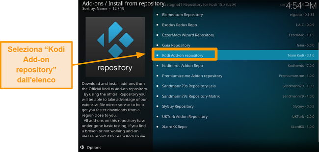 screenshot di come installare l'addon ufficiale di Kodi passo cinque fai clic su Aggiungi Kodi nel repository dall'elenco