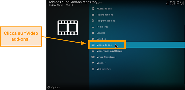 screenshot di come installare l'addon ufficiale di Kodi passo sei componenti aggiuntivi video