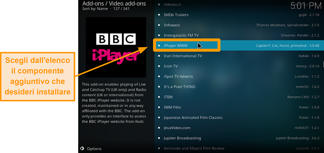 screenshot di come installare l'addon ufficiale di Kodi passaggio sette trova l'addon desiderato