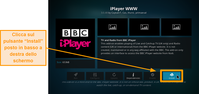 screenshot di come installare l'addon ufficiale di Kodi passo otto clic su installa