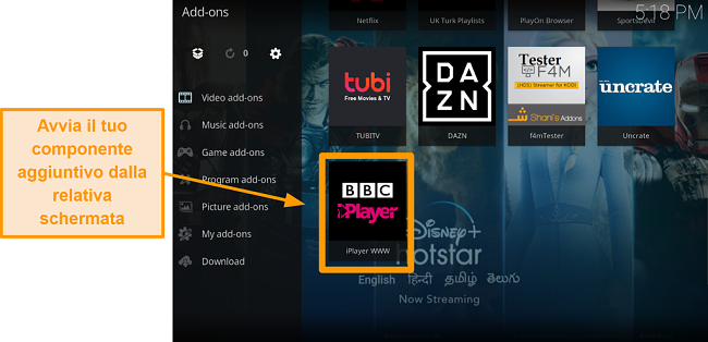 screenshot di come installare l'addon ufficiale di Kodi step undici lancia un nuovo addon dalla homepage