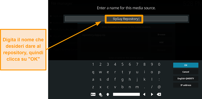 screenshot come installare l'addon Kodi di terze parti passo 10 digitare il nome per il repo