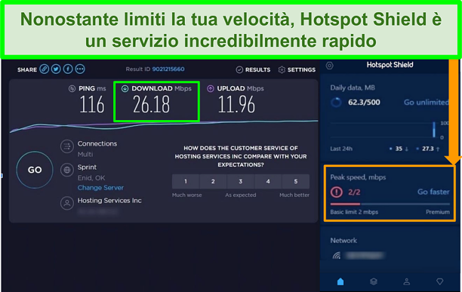Screenshot dei risultati del test di velocità durante la connessione all'interfaccia Hotspot Shield