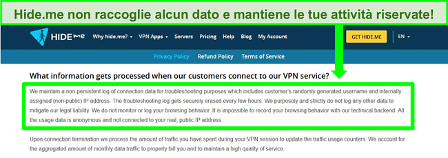 Screenshot della politica sulla privacy di Hide.me che mostra che non vengono conservati registri di dati