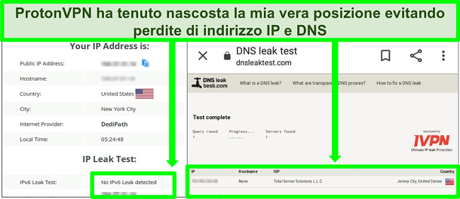 Screenshot di un test di perdita di indirizzi IP e DNS che mostra l'assenza di perdite di indirizzi IP durante la connessione a Proton VPN