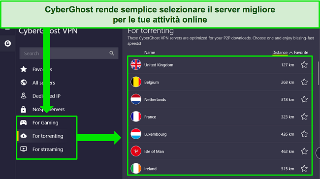 Screenshot dell'app Windows di CyberGhost, che evidenzia la sua selezione di server ottimizzati.