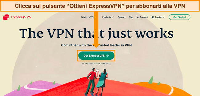 Screenshot della home page di ExpressVPN, che evidenzia il pulsante 