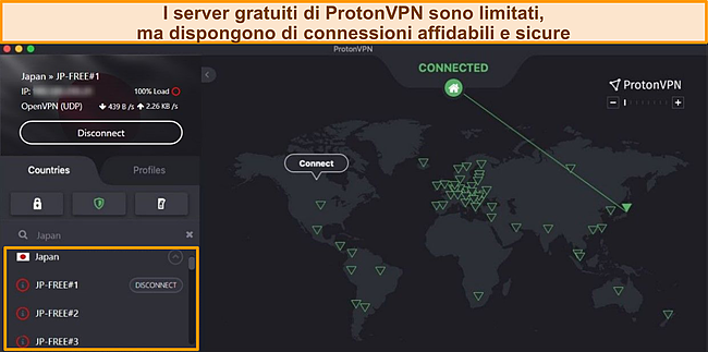 Screenshot di Proton VPN connesso a un server gratuito in Giappone.