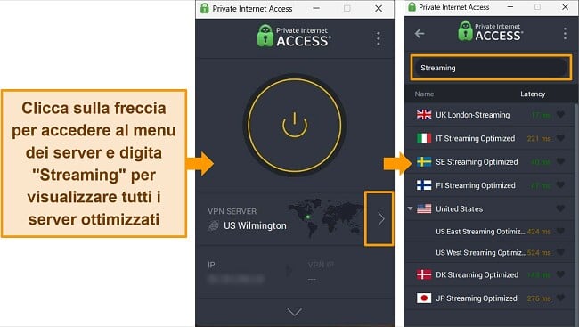 Screenshot dei server di streaming di PIA trovati digitando 