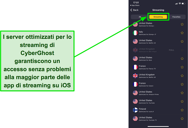 Uno screenshot dei server ottimizzati per lo streaming di CyberGhost