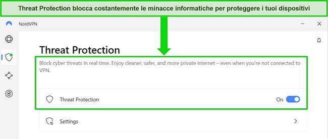 Lo screenshot dell'app Windows di NordVPN che mostra la funzione di protezione dalle minacce è sempre attiva.