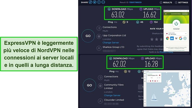 Screenshot di ExpressVPN e NordVPN collegati ai server del Regno Unito, con i risultati dei test di velocità di Ookla che mostrano che ExpressVPN è leggermente più veloce.