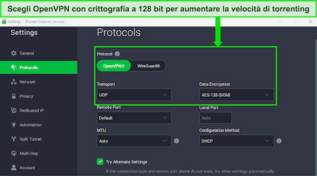 Screenshot dell'app Windows di PIA con la crittografia AES a 128 bit selezionata