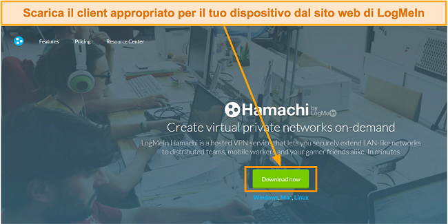 Screenshot della pagina di download del software LogMeIn Hamachi