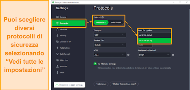 Screenshot delle impostazioni di PIA per modificare i protocolli e la crittografia