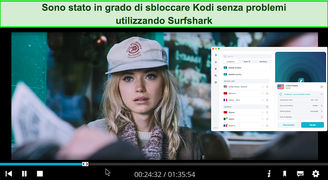 Screenshot di PopcornFlix su Kodi che trasmette un film in streaming e Surfshark connesso a un server statunitense