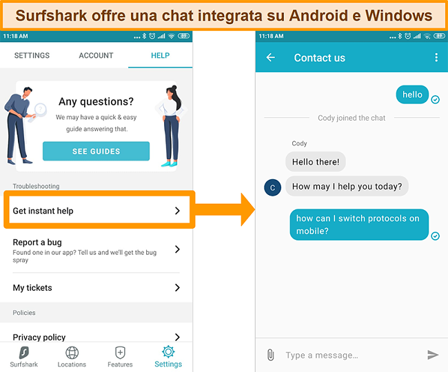 Screenshot della funzione di chat dal vivo integrata di Surfshark sull'app Android