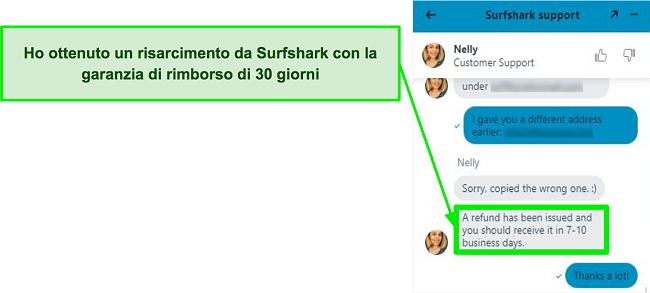Screenshot della live chat di Surfshark e una richiesta di rimborso