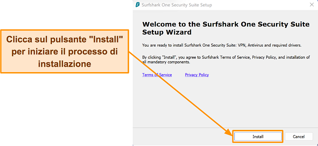Screenshot del processo di installazione di Surfshark utilizzando la configurazione guidata