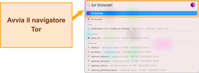 Screenshot della ricerca di Tor sulla barra degli strumenti prima del lancio