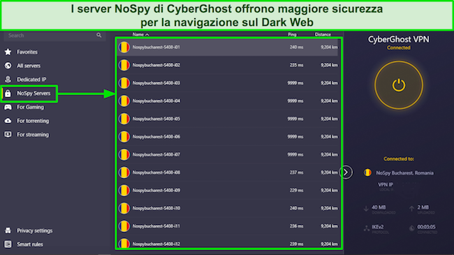 Screenshot dei server NoSpy di CyberGhost